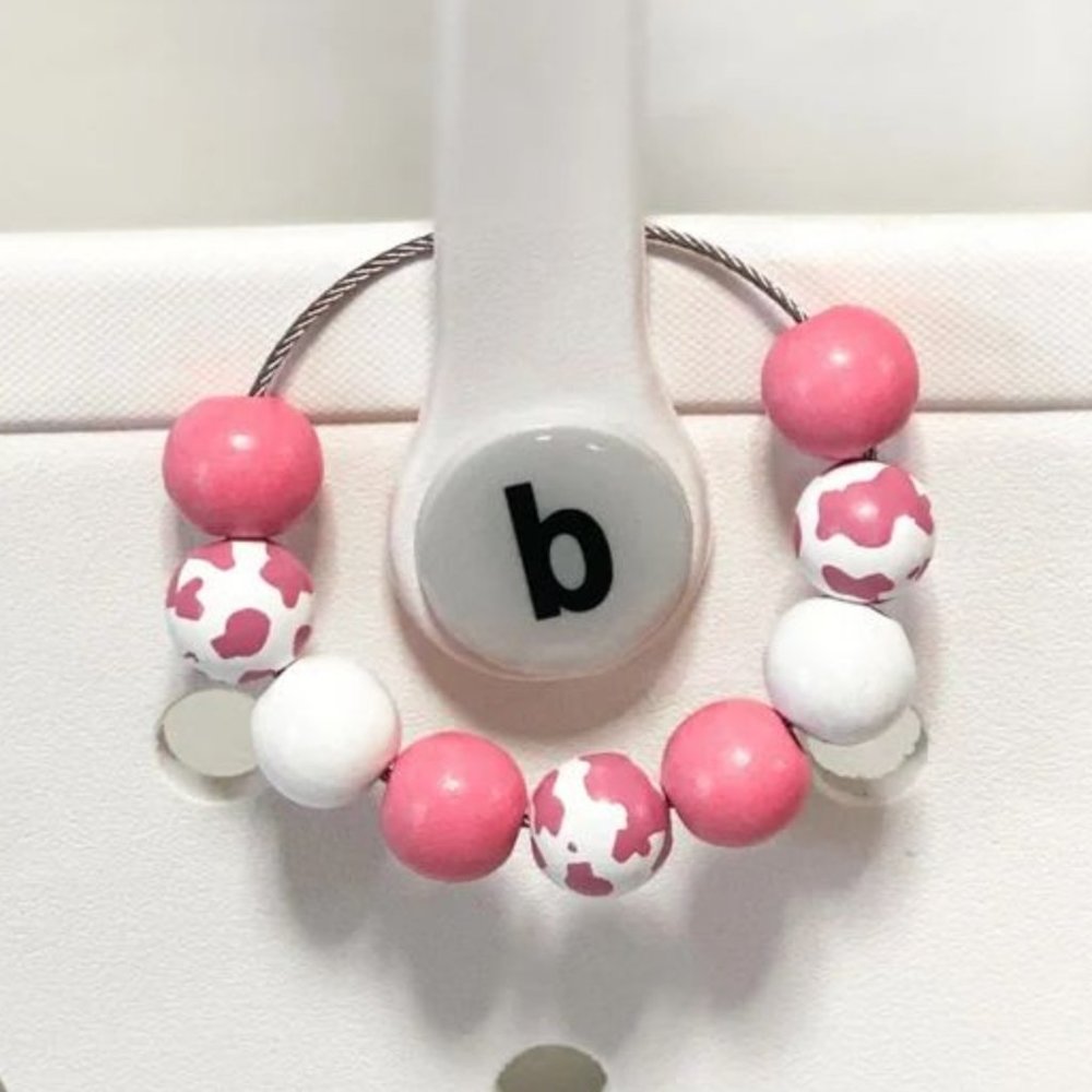 Pink Cow Print Beaded Sports Bogg Bag Charm Keychain